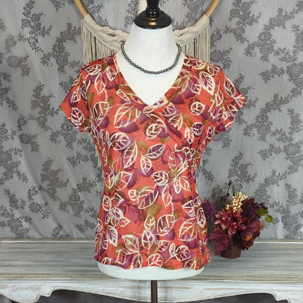 Christopher & Banks Leaf Print V-Neck Top